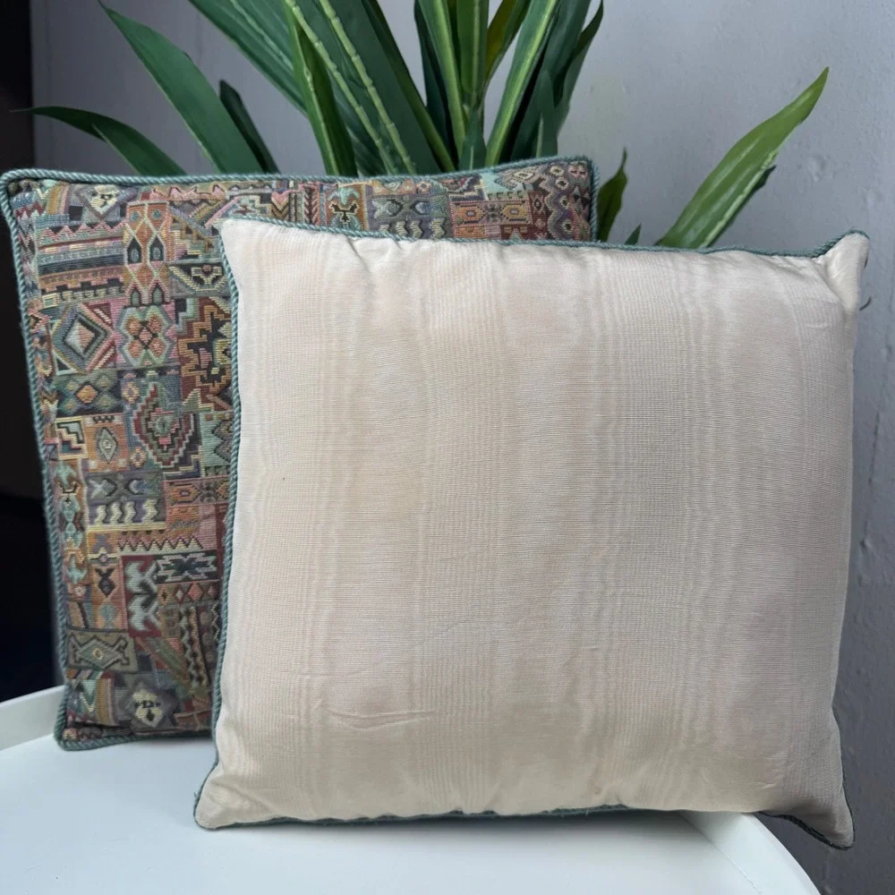 Set of Two Vintage Earthy Southwestern Aztec Geometric Woven Throw Pillows 13x13